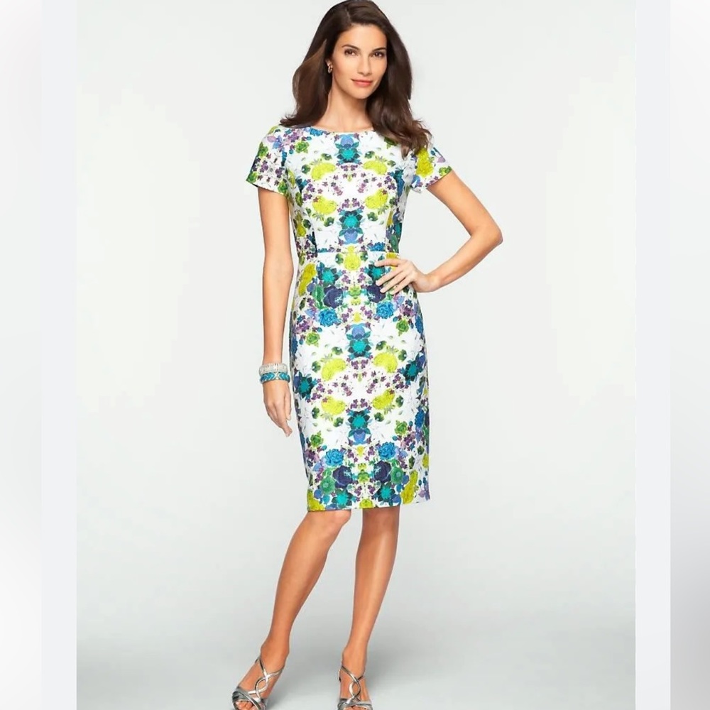 Talbots Mirrored Floral Print Short Sleeve Linen Blend Sheath Dress